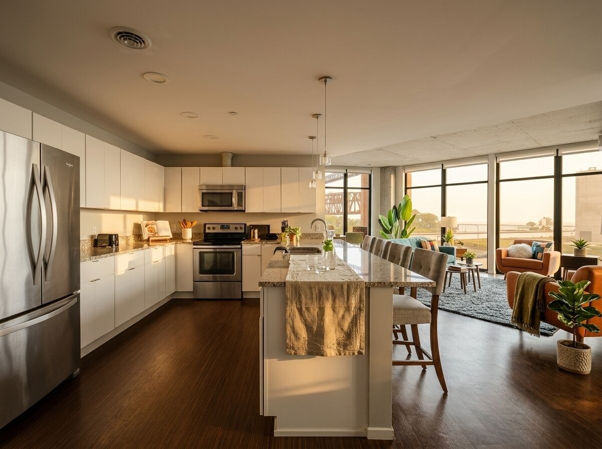 A modern kitchen with a central island, stainless steel appliances, and a dining area with a view.