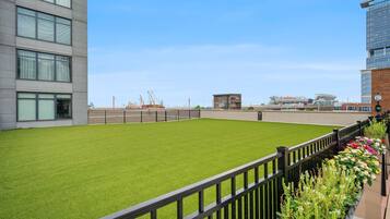 A rooftop with artificial grass, a metal fence, and a row of potted plants.