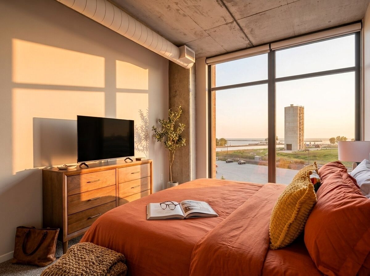 A bedroom with a large window, a bed with orange bedding, a wooden dresser, and a flat-screen TV.