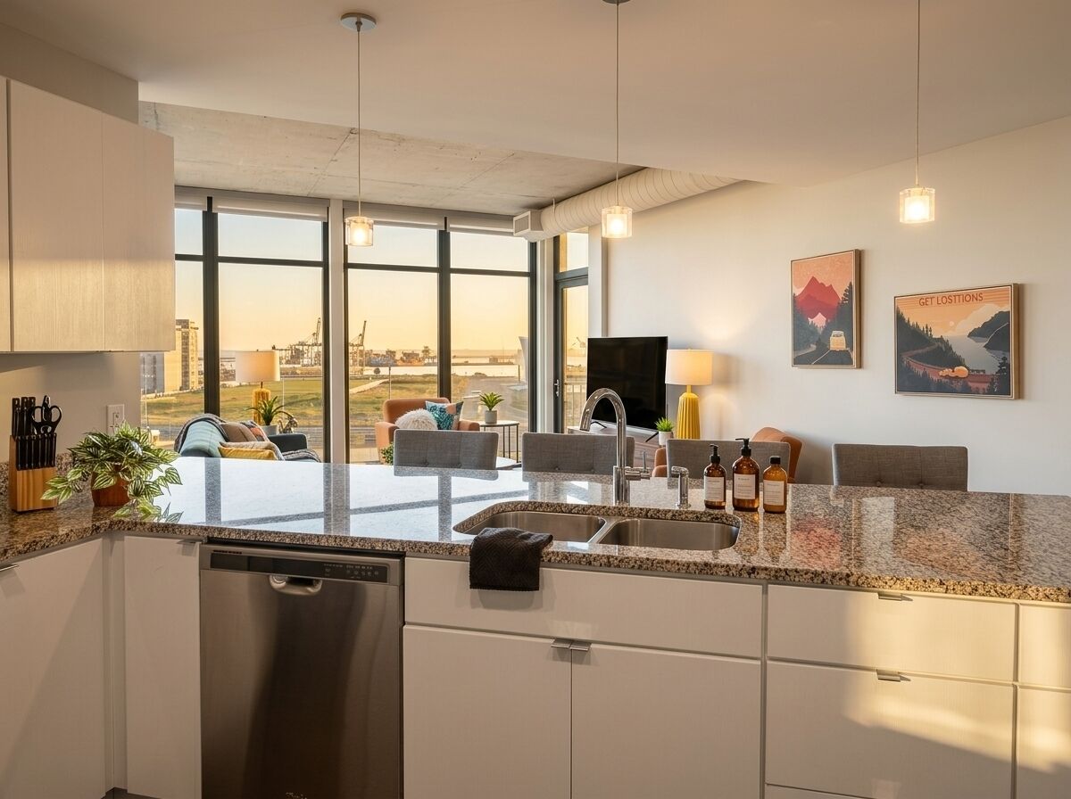 Una cocina moderna con lavavajillas, un fregadero y una encimera con botellas. Se ven dos ventanas que ofrecen vistas a la ciudad.