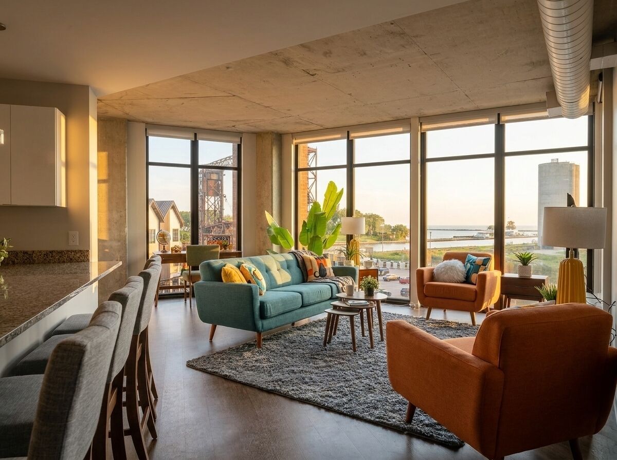 A spacious living area with a sofa, armchairs, and a coffee table, large windows offering a view of the cityscape.