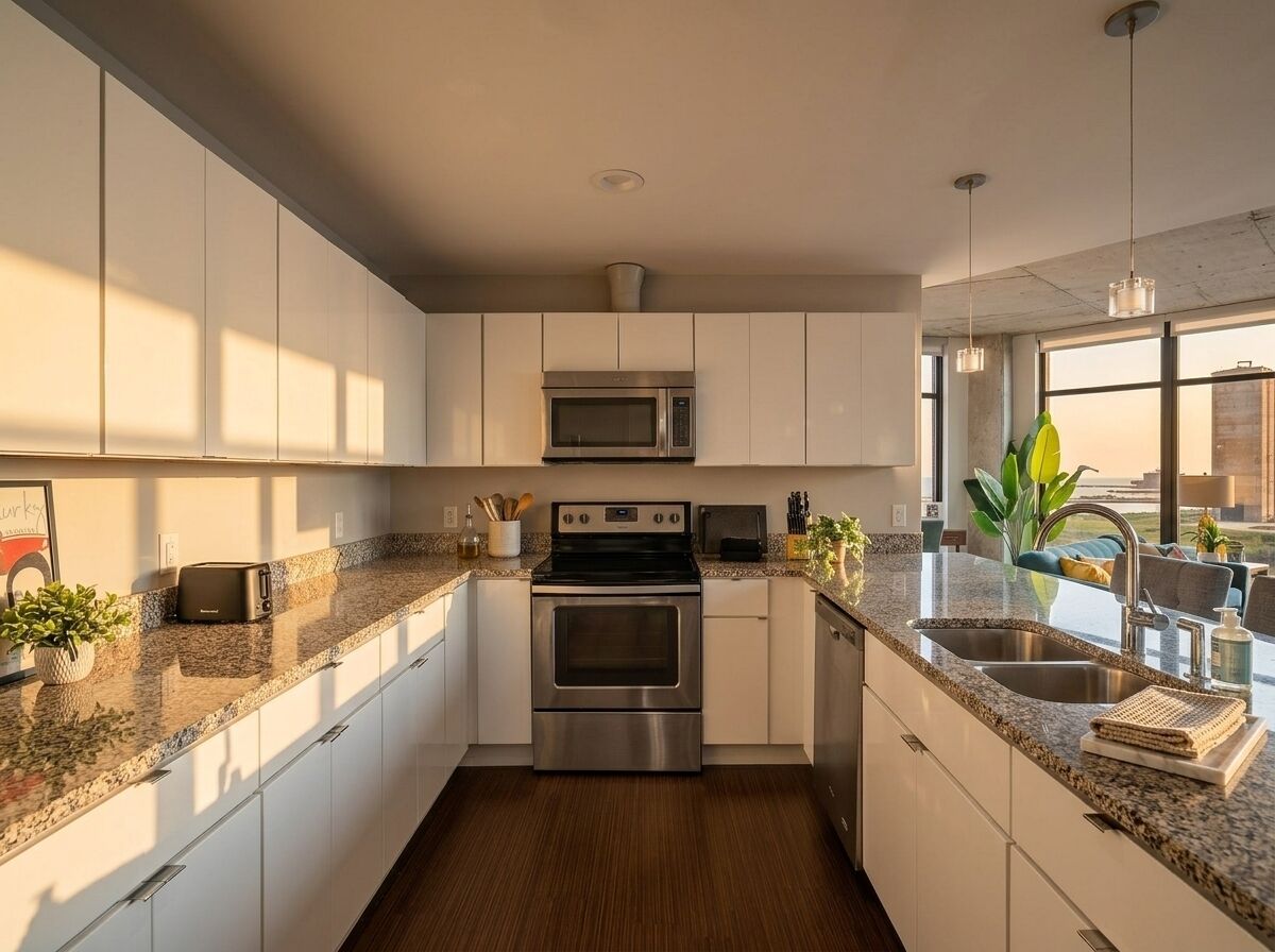 A modern kitchen with white cabinets, a stainless steel oven, a microwave, and a granite countertop.