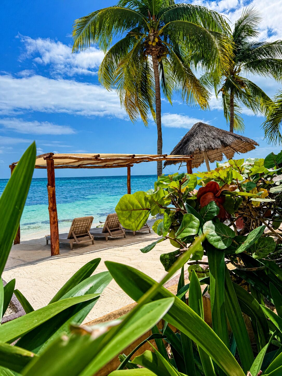 Pantai persendirian, pasir putih, kerusi lepak pantai, payung 