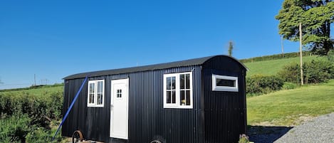 Una pequeña casa móvil negra con puerta y ventanas blancas, ubicada sobre un terreno de grava rodeado de vegetación.