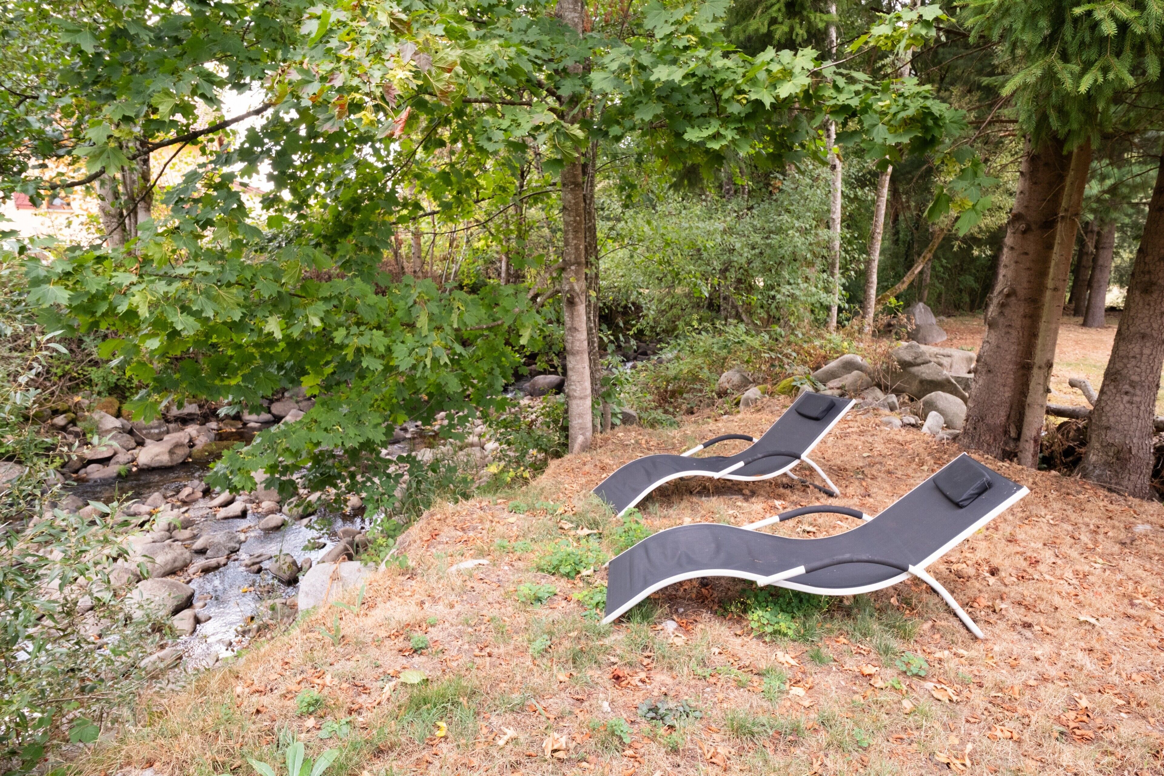 Un cadre naturel avec deux fauteuils noirs placés sur une pelouse, le tout entouré d’arbres et de rochers.