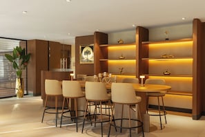 A modern dining area with a round table and six chairs, a decorative plant, and a wall with shelves containing various items.