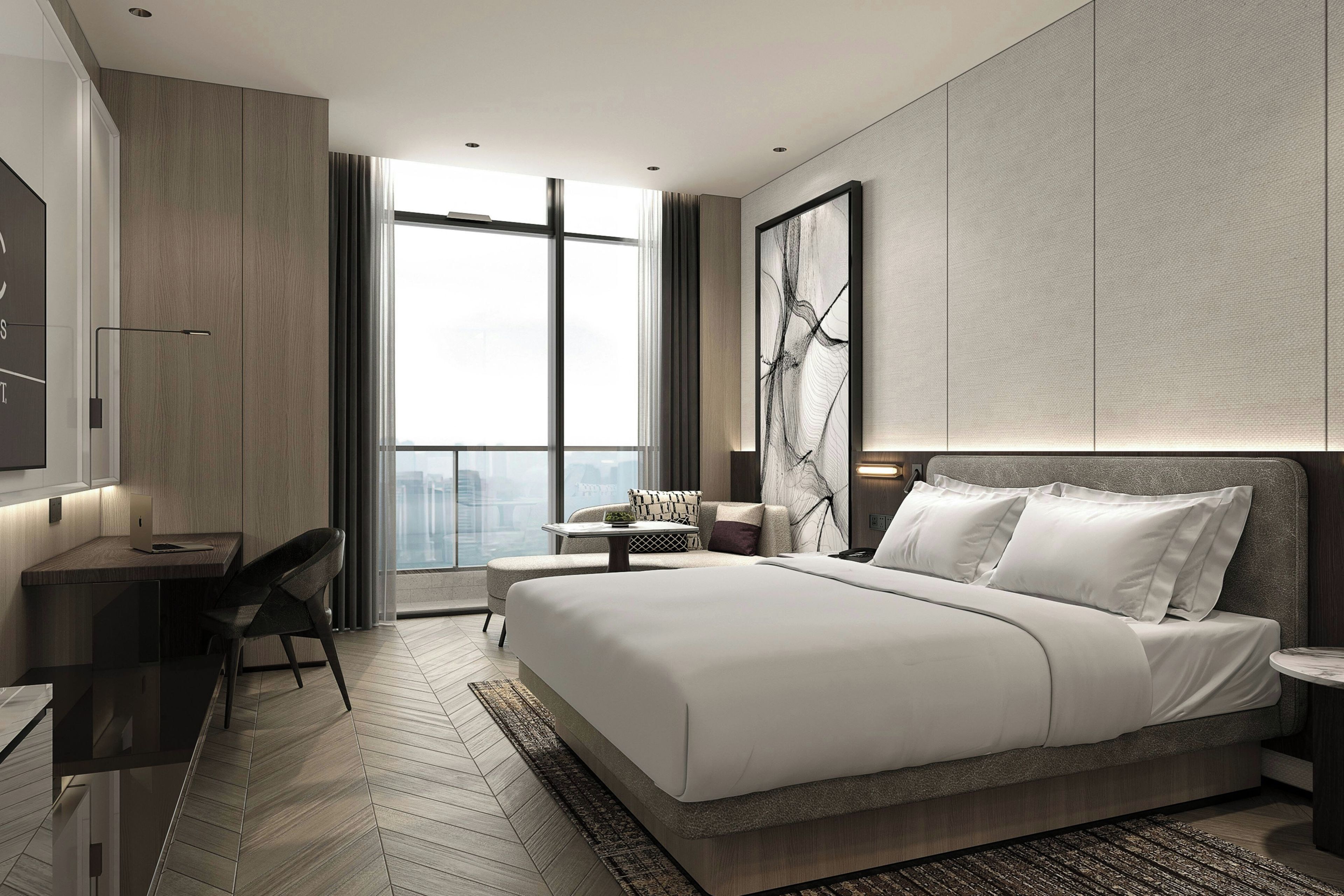 Habitación de hotel moderna con una cama grande, un escritorio y vistas a la ciudad.