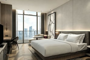 A modern hotel room with a large bed, a desk, and a view of the city. - Ac Hotels By Marriott Hangzhou Binjiang (Hangzhou)