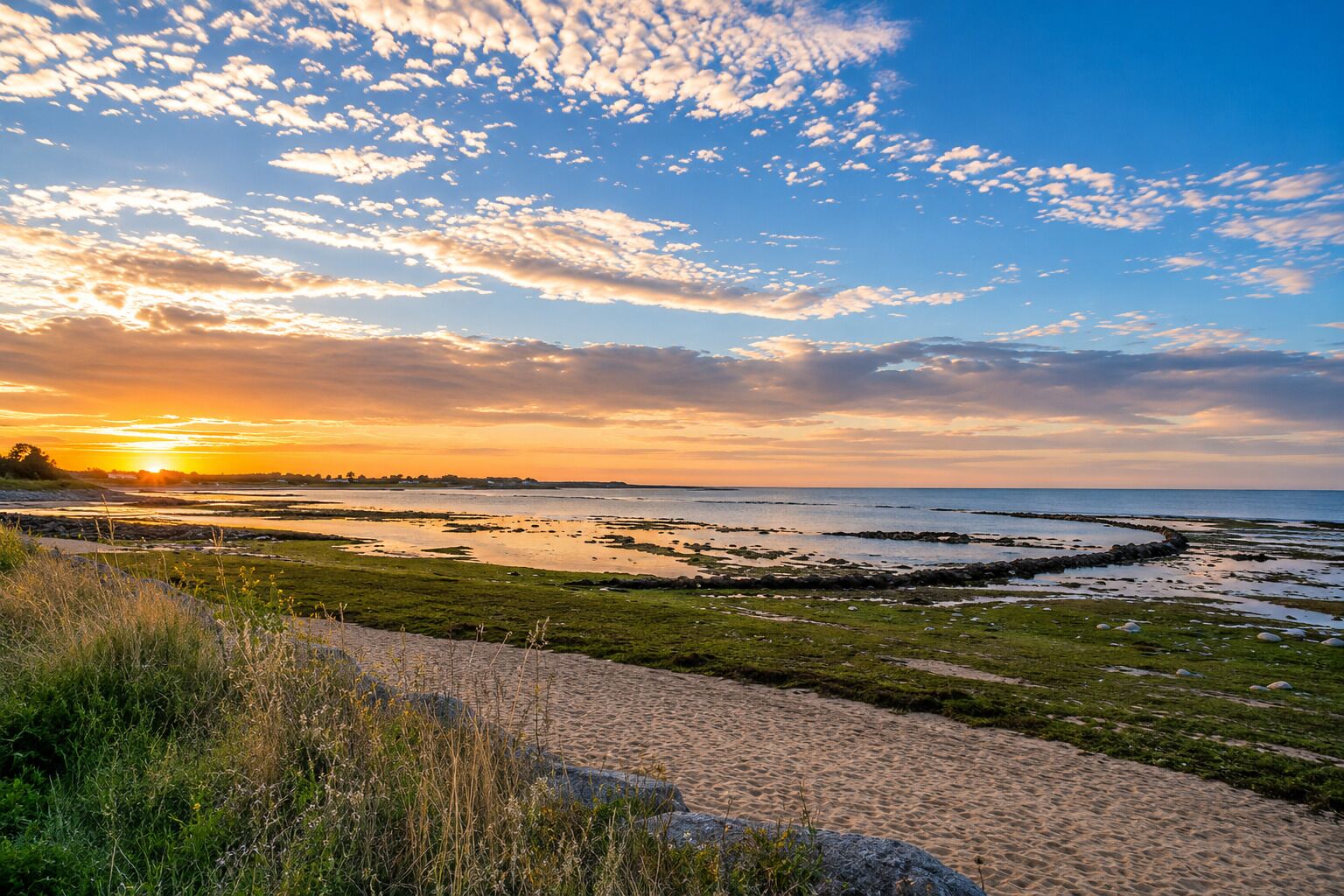 A coastal landscape with a sandy path leading to a body of water, surrounded by grassy areas and a clear sky.