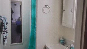 Een badkamer met douchegordijn, wastafel met spiegel en toilet.