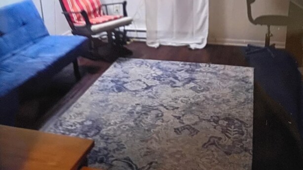 Een woonkamer met een blauwe bank, een stoel met rode en zwarte strepen, een tapijt met dessin en een lamp.
