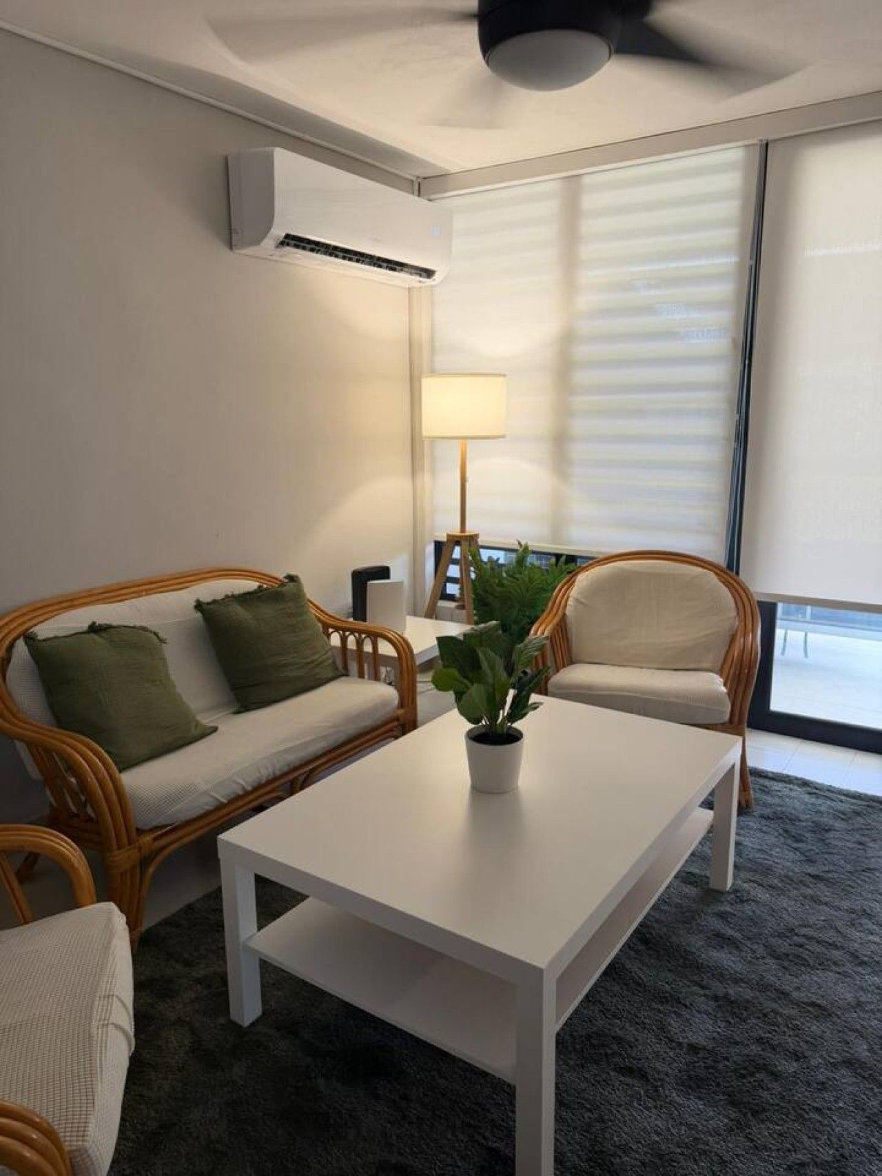 A modern living room with a white sofa, a white coffee table, and a potted plant.