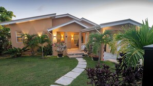 A modern house with a well-maintained lawn, a pathway leading to the entrance, and various potted plants. - Tropical House with Private Pool Near the Ocean (Oistins)