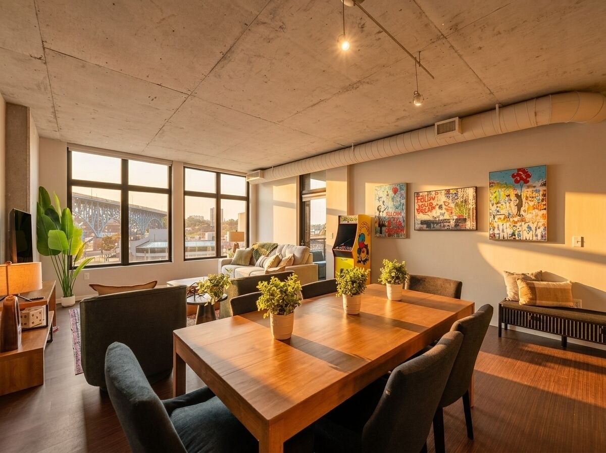 A spacious room with a large wooden table, comfortable seating, and large windows offering a view of the cityscape.
