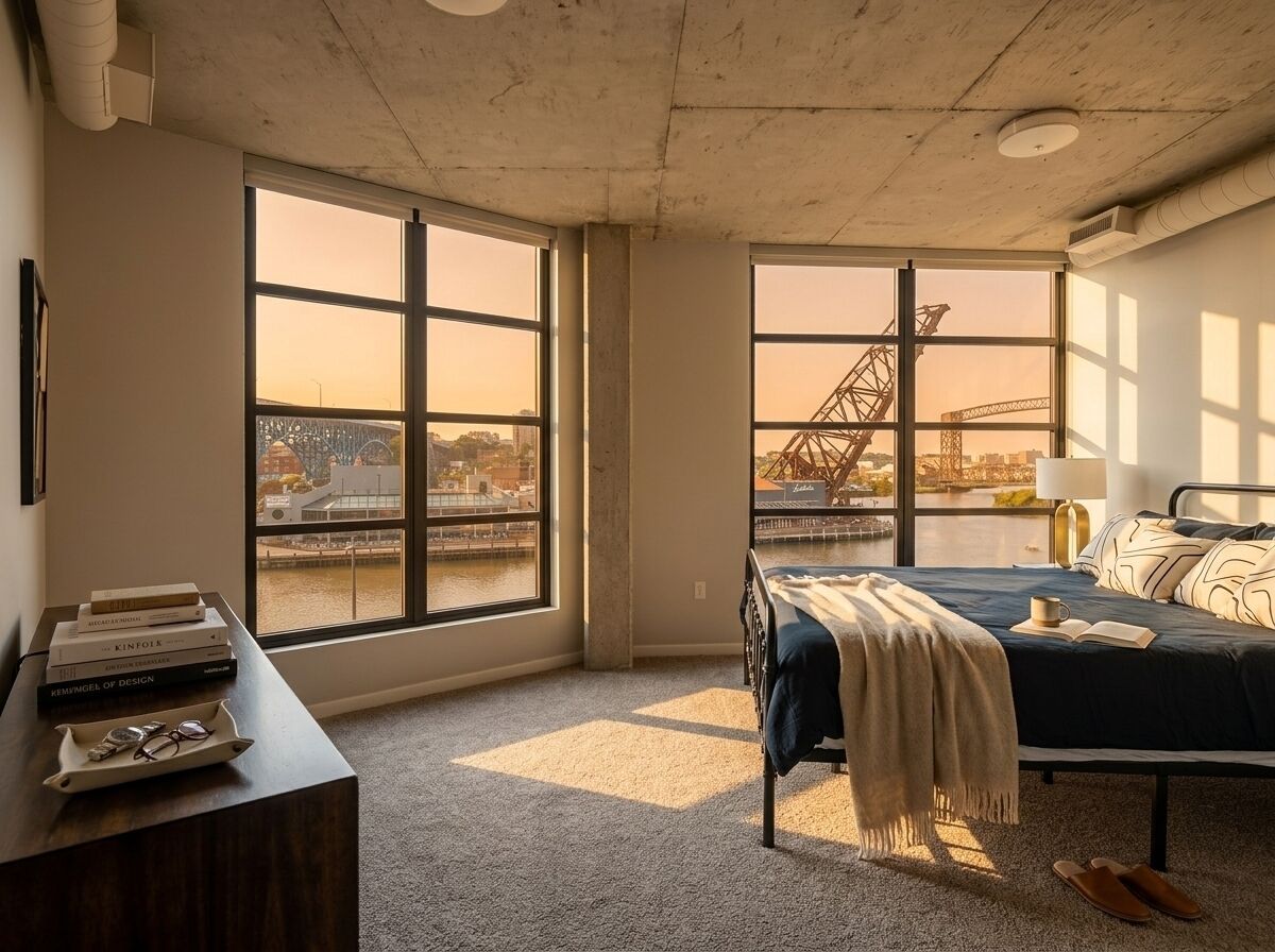 A bedroom with a large window, a bed, a bedside table with books, and a view of a bridge.