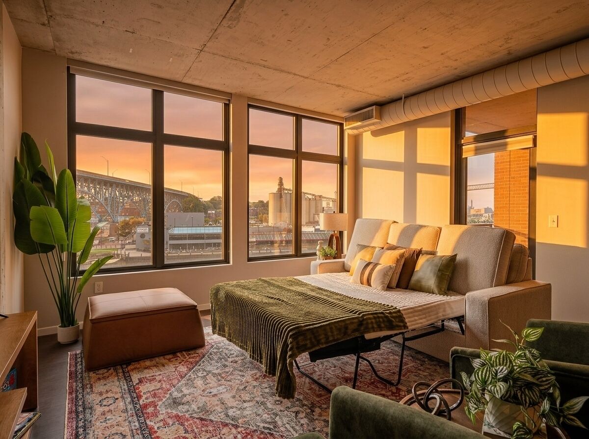 A modern bedroom with a large window, a bed, a sofa, and a small table.
