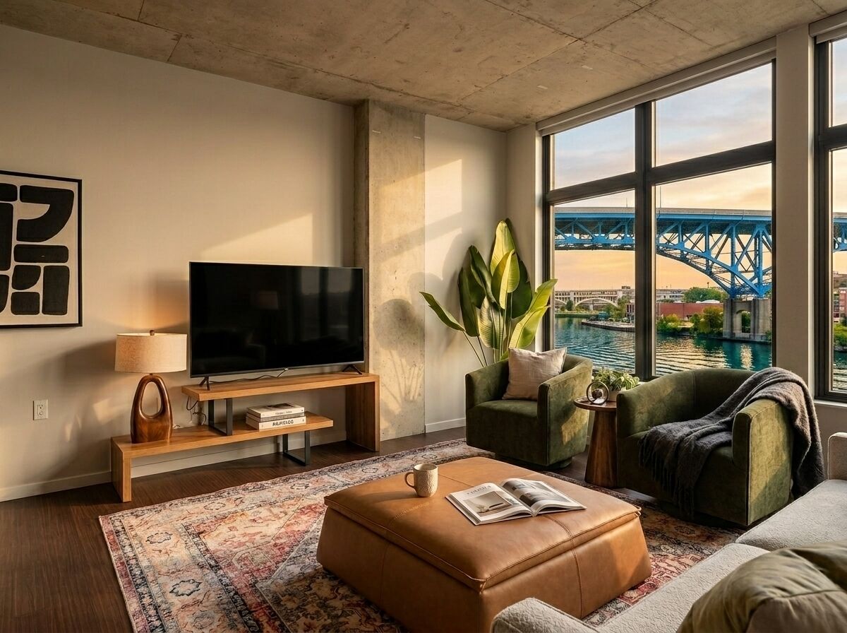 Un salon moderne doté d’un grand téléviseur à écran plat, d’un fauteuil vert, d’un pouf en cuir et offrant une vue sur un pont enjambant une étendue d’eau.