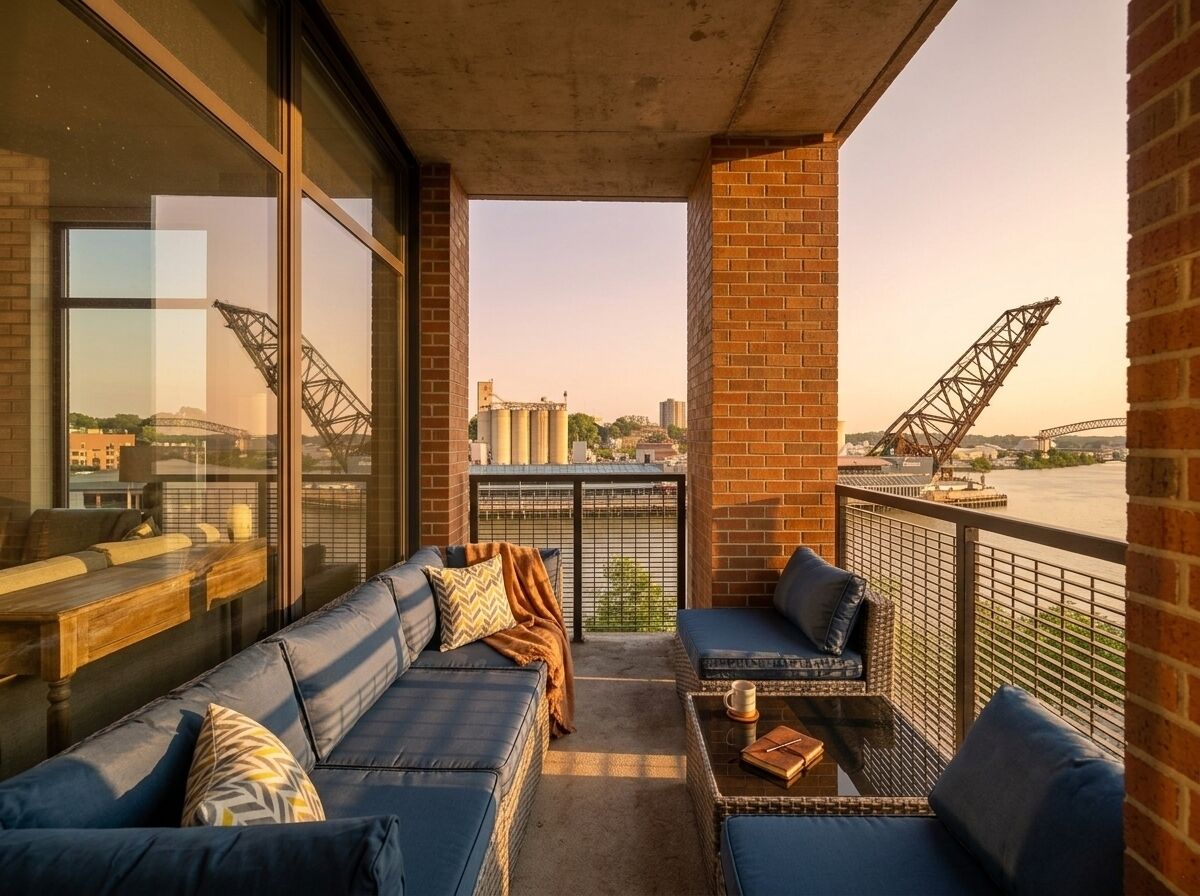 Un balcón con un sofá, una mesita y vistas a un puente y edificios.