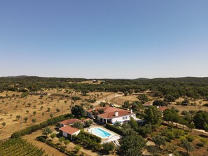 A residential area with a large house featuring a swimming pool, surrounded by trees and open fields. - Quinta do Cota: The serenity of the Alentejo at this 3.3 h estate in Montemor o Novo (Montemor-o-Novo)