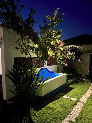 A modern outdoor pool area with a blue pool, surrounded by greenery and a brick pathway.