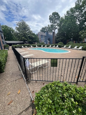 A swimming pool with lounge chairs, surrounded by a fence, and trees in the background.