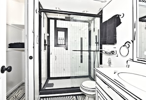 Shower, towels, soap, toilet paper - Monochrone madness - Step into a coloring book getaway (Tulsa)