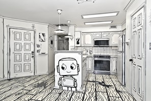 A kitchen with patterned flooring, a refrigerator with a cartoon face, and a microwave.