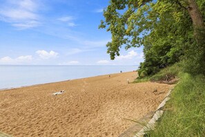Ein Sandstrand mit klarem Himmel, einige Personen in der Ferne und eine begrünte Fläche mit Bäumen auf der rechten Seite.
