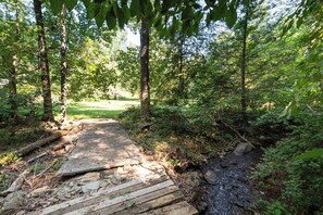 Un camí de fusta que serpenteja per una zona boscosa amb un prat a la distància.