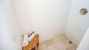 Hair dryer, towels, soap, shampoo