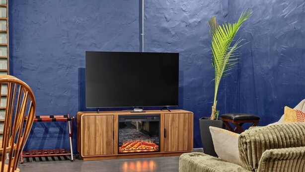 A living room with a flat-screen TV on a wooden stand, a large potted plant, and a fireplace.