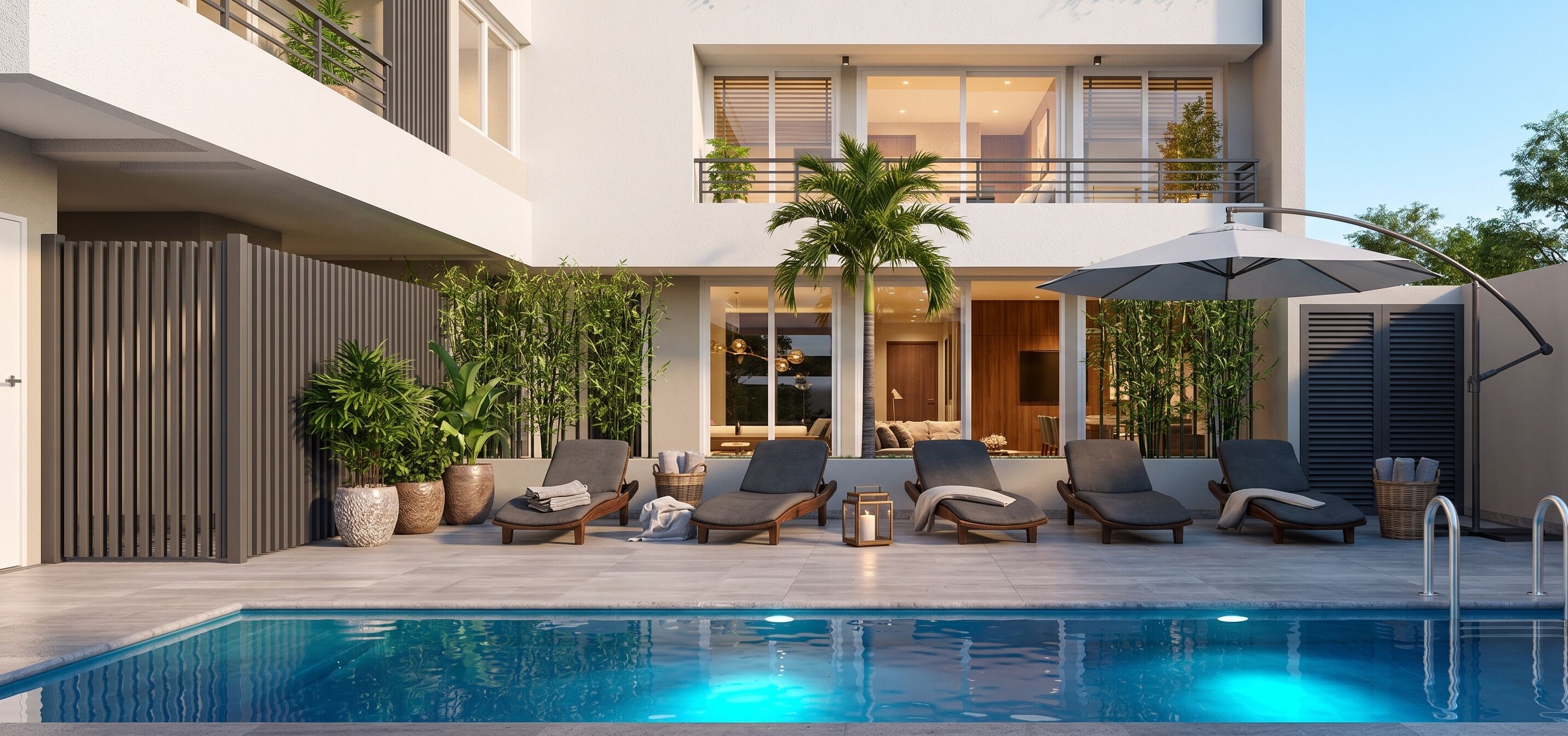 Un espace piscine extérieur moderne, doté de chaises longues et d’une piscine.