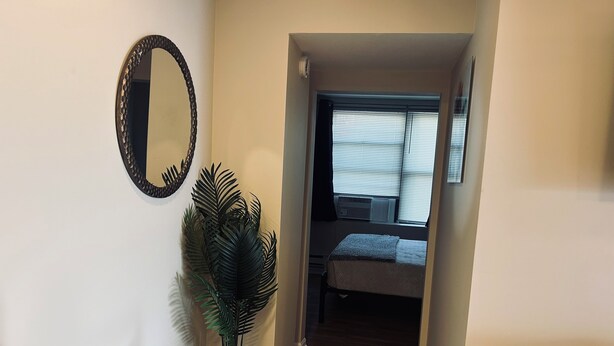 A hallway with a bed, a mirror, and a plant.
