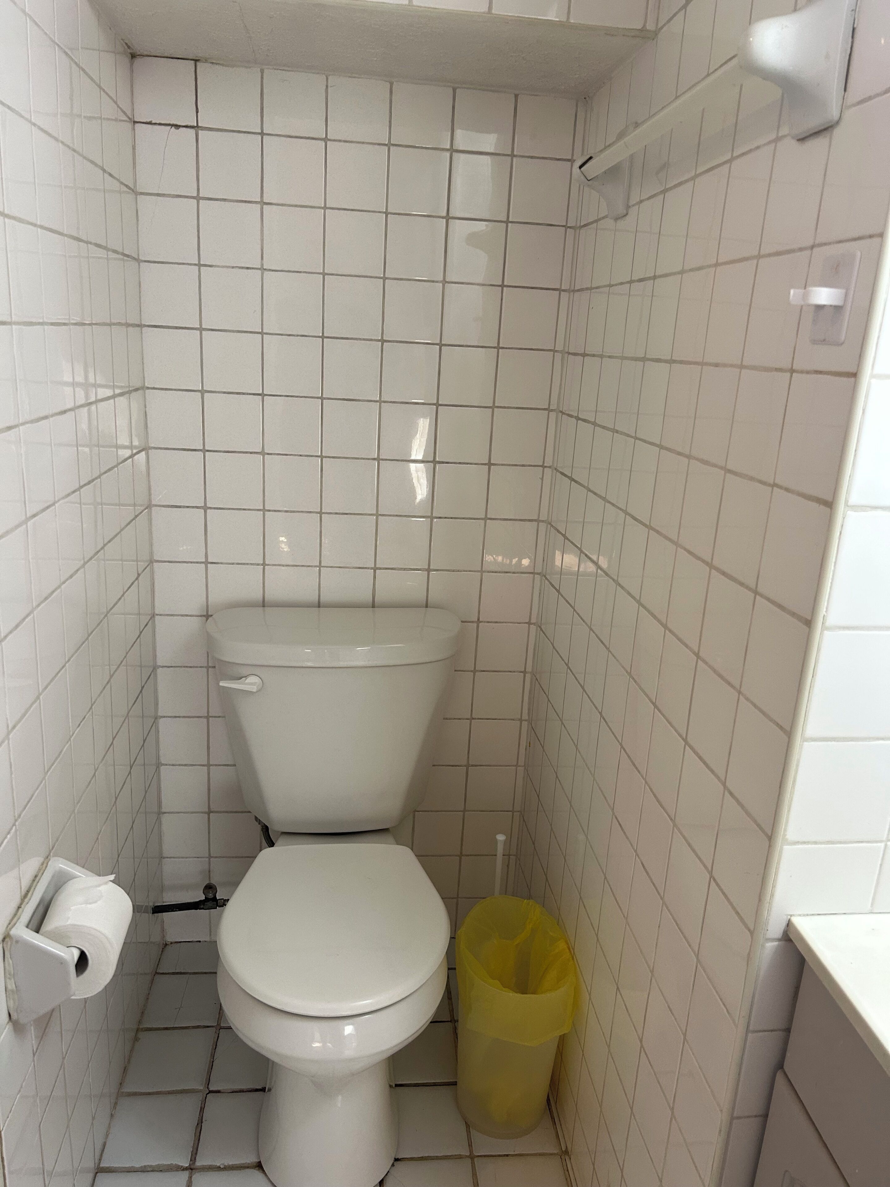 A small, white-tiled bathroom with a toilet, a trash bin, and a toilet paper holder.