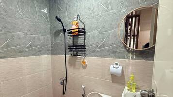 Un bagno con il water, lavandino e zona doccia.