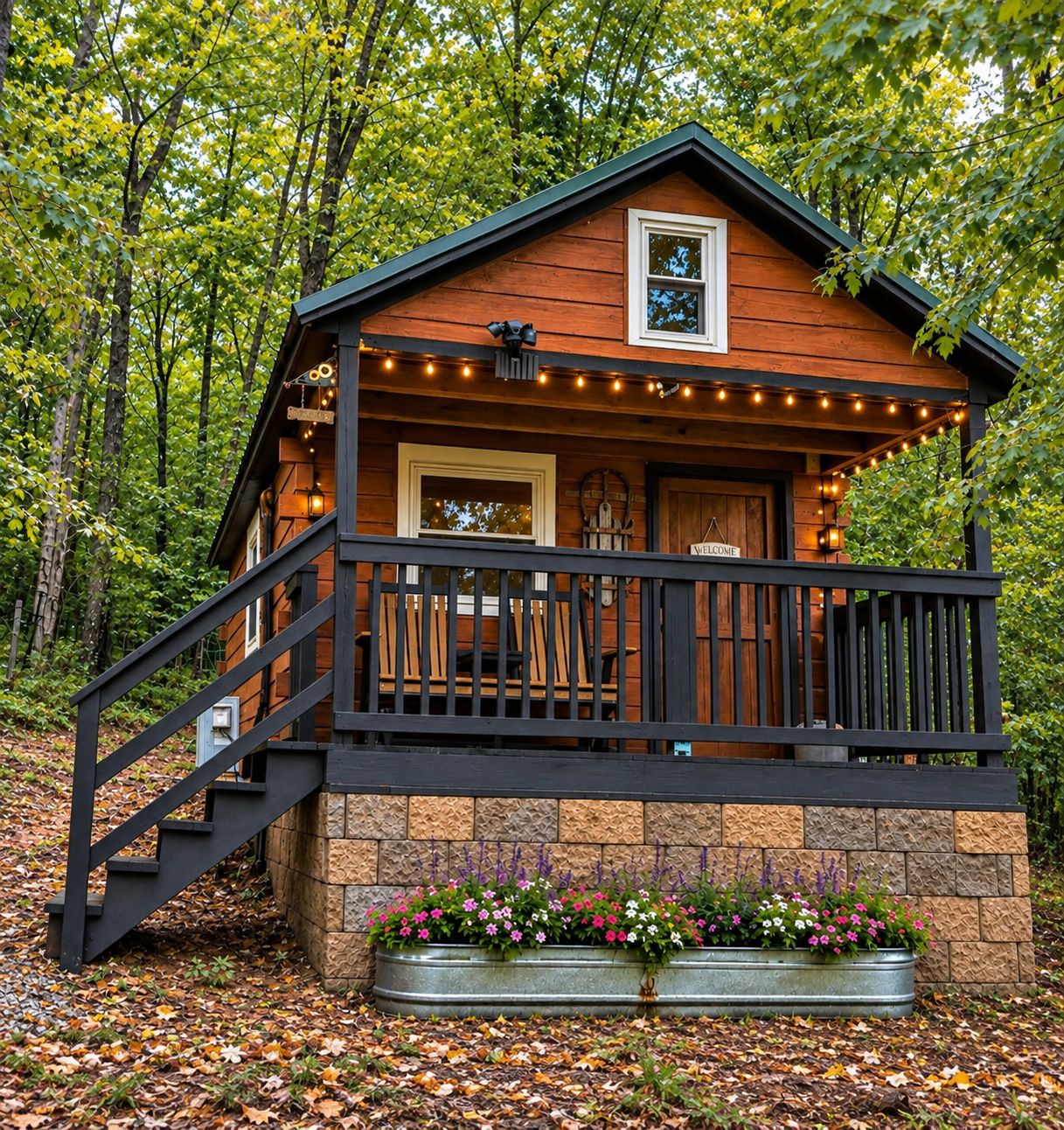 Une cabane avec une façade en bois, un balcon doté de balustrades et des fondations en pierre.
