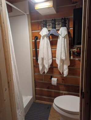 Dusche, Haartrockner, Handtücher, Seife