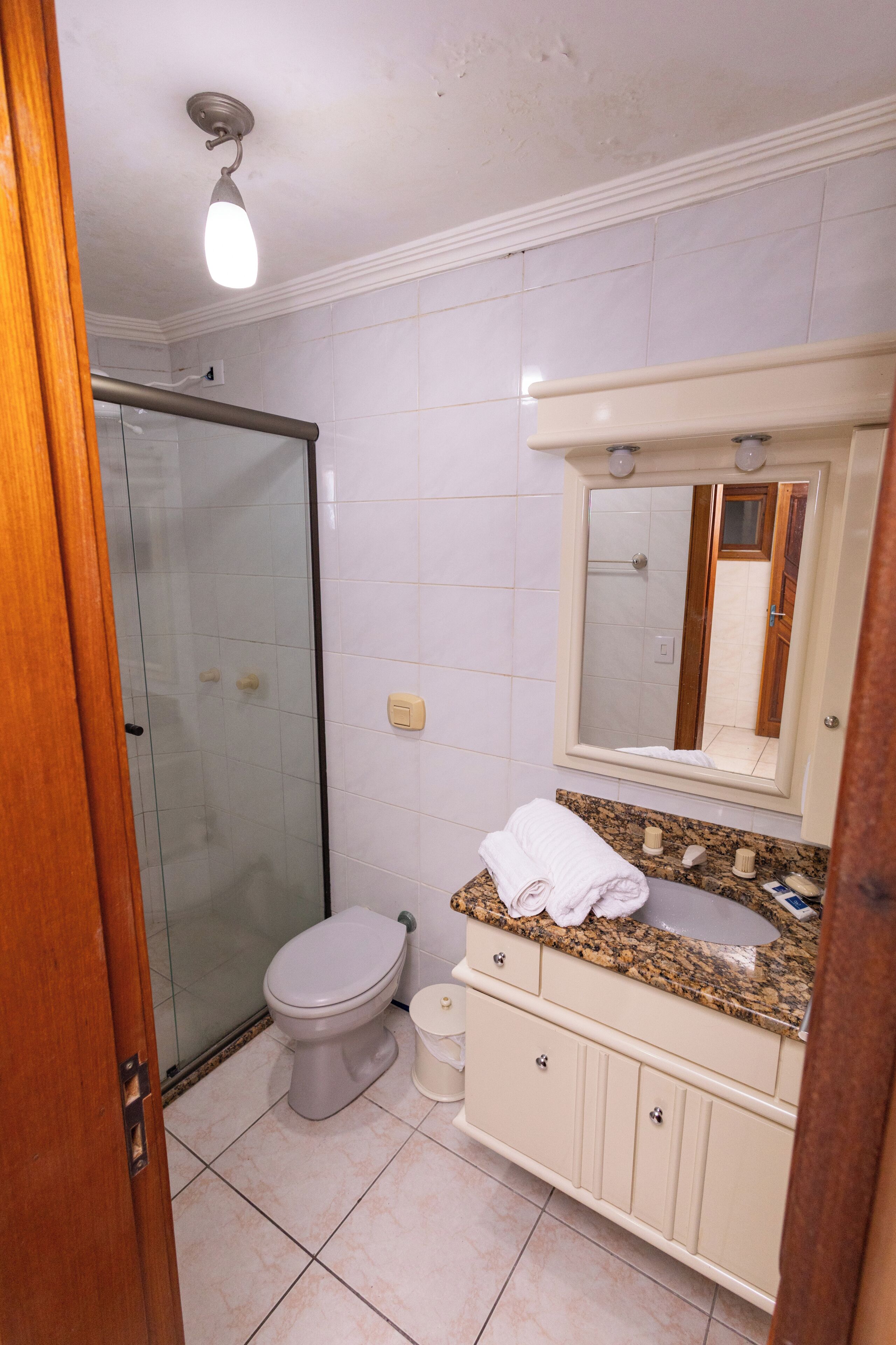 A bathroom with a toilet, sink, mirror, and shower.