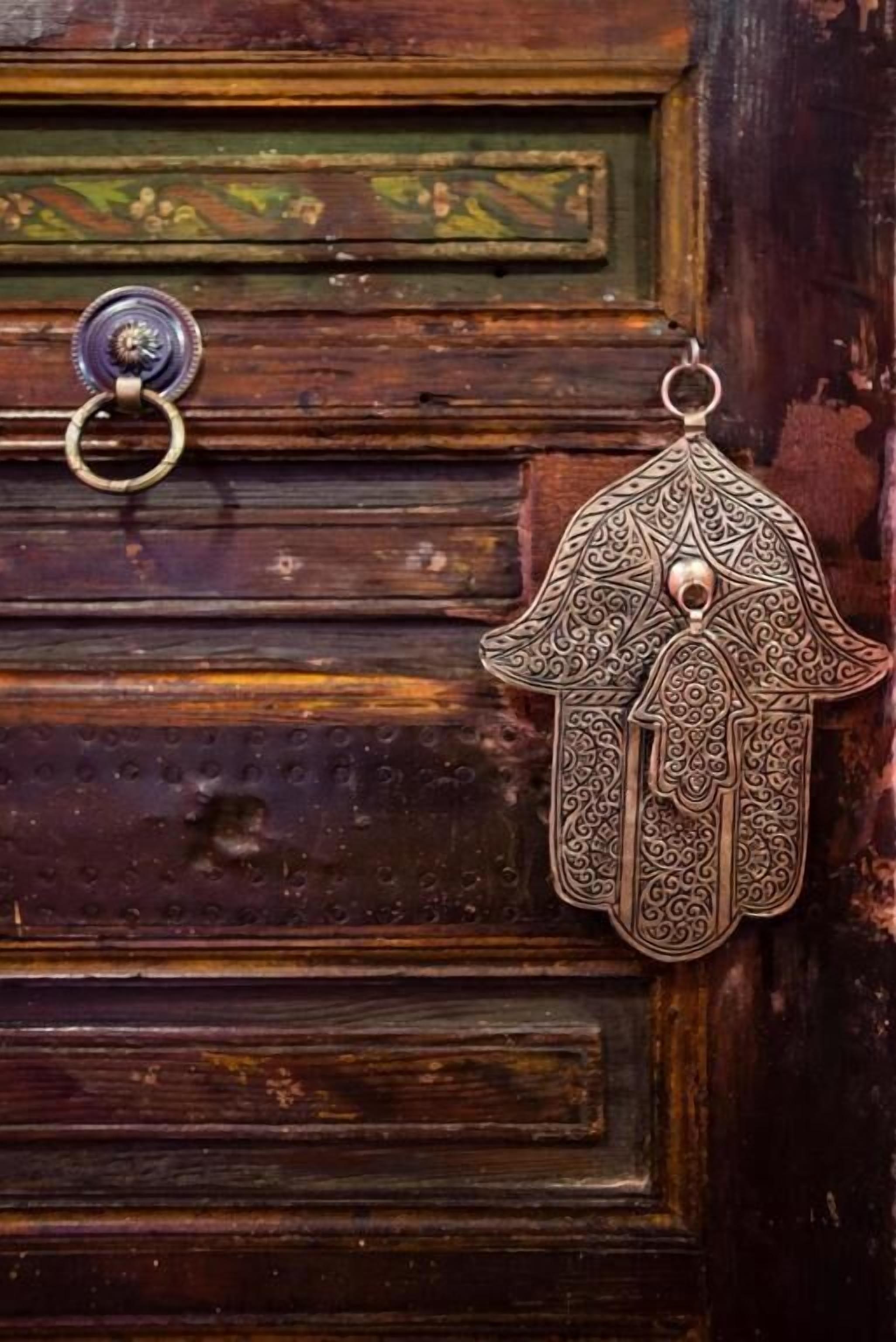 Een houten deur met een koperen deurbel en een decoratieve koperen knokker.