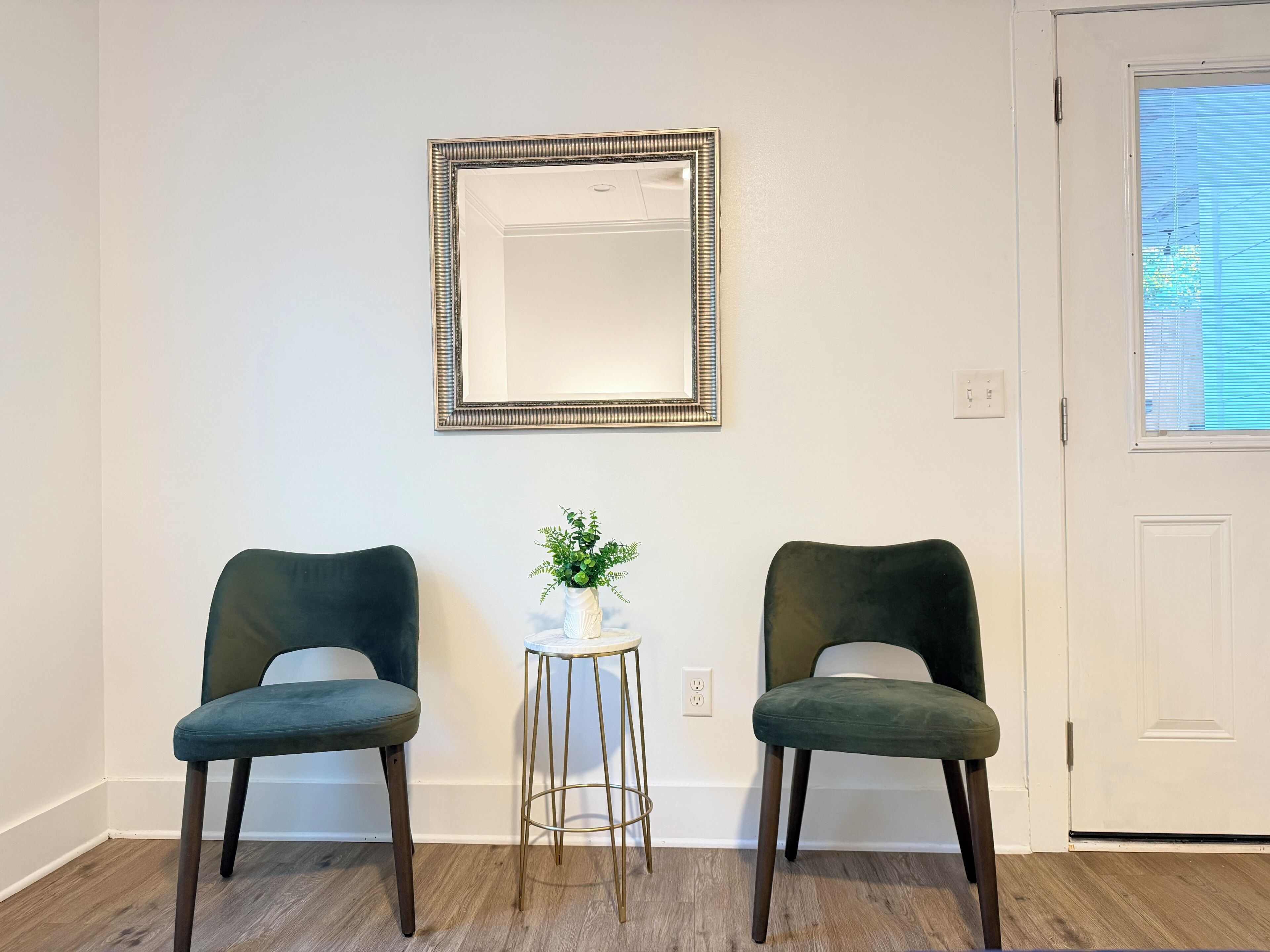 Une pièce avec deux chaises, une petite table sur laquelle se trouve une plante, et un miroir accroché au mur.
