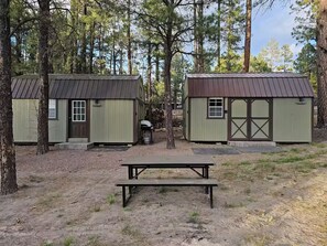 Two small wooden cabins with metal roofs, a picnic table in the foreground, and a forested background.