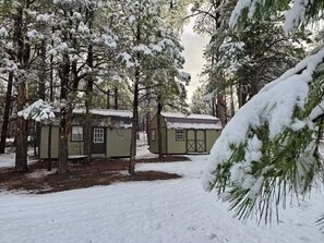 A cabin with a snow-covered roof, surrounded by tall pine trees in a forest.