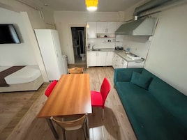 A compact living space with a kitchenette, a dining area with a wooden table and red chairs, and a teal sofa.