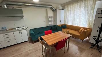 Un espace de vie compact comprenant un coin cuisine, une table à manger avec des chaises, un canapé et un rideau à motifs.