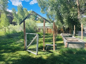 A fenced outdoor area with a wooden structure, possibly a shelter, surrounded by greenery and a building in the background. - Large Backyard, River Views & Mountain Adventures (Gunnison)