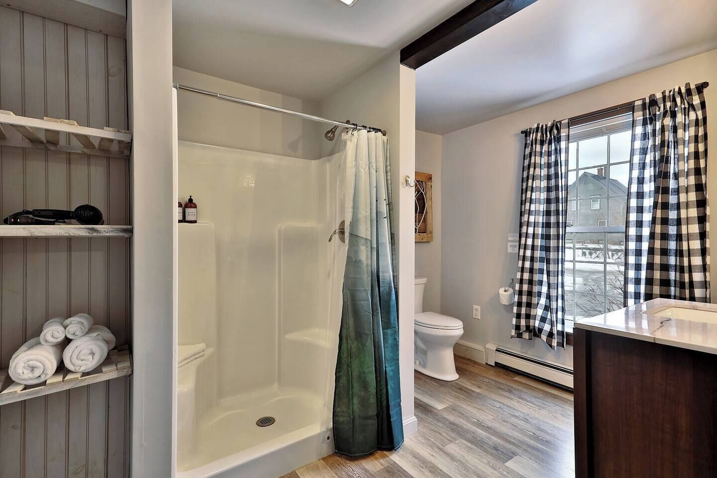 Hair dryer, towels, soap, shampoo