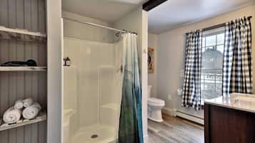 Hair dryer, towels, soap, shampoo