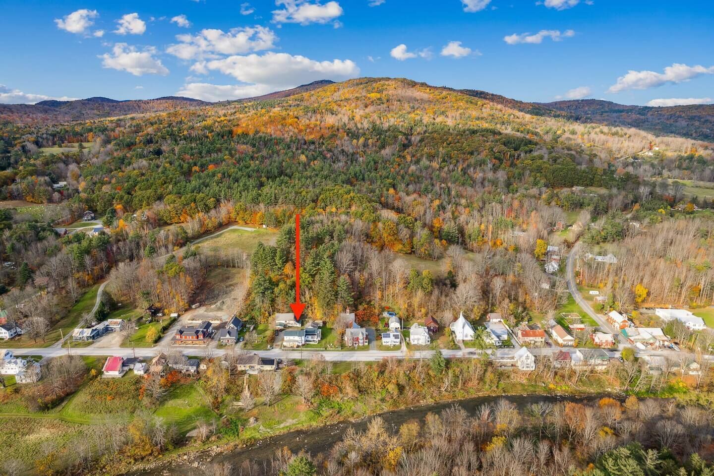 A residential area with houses, a road, and a forested hill in the background.