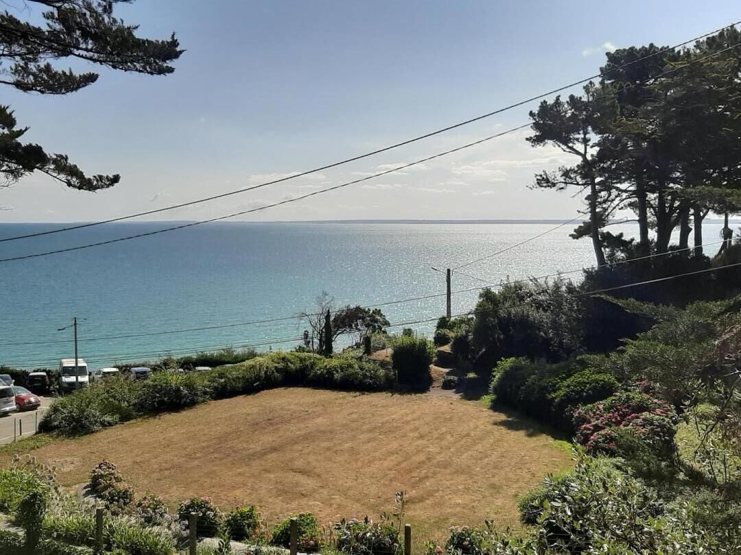 A view of a coastal area with a grassy field, trees, and a clear sky.