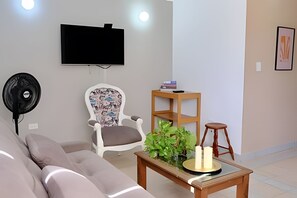 Olohuoneessa on sohva, nojatuoli, kasveilla koristeltu sohvapöytä, pieni jakkara ja seinälle asennettu televisio.